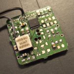 Sidepanel PCB with one Gyro. There is a sun sensor on the opposite side of the board. Each of the six spacecraft sides has a panel like this mounted on the inside.